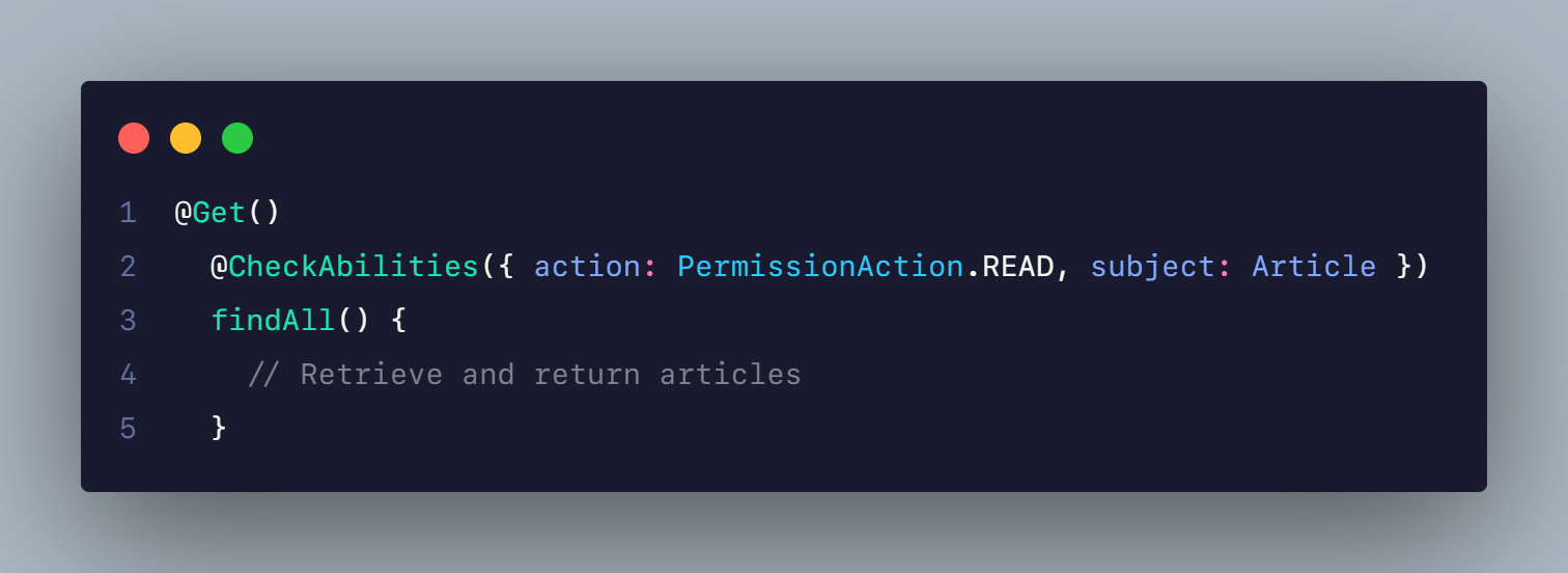 Authorization with CASL in NestJS: Apply Guard and Decorator to Routes: Finally, apply the guard and the custom decorator to your routes